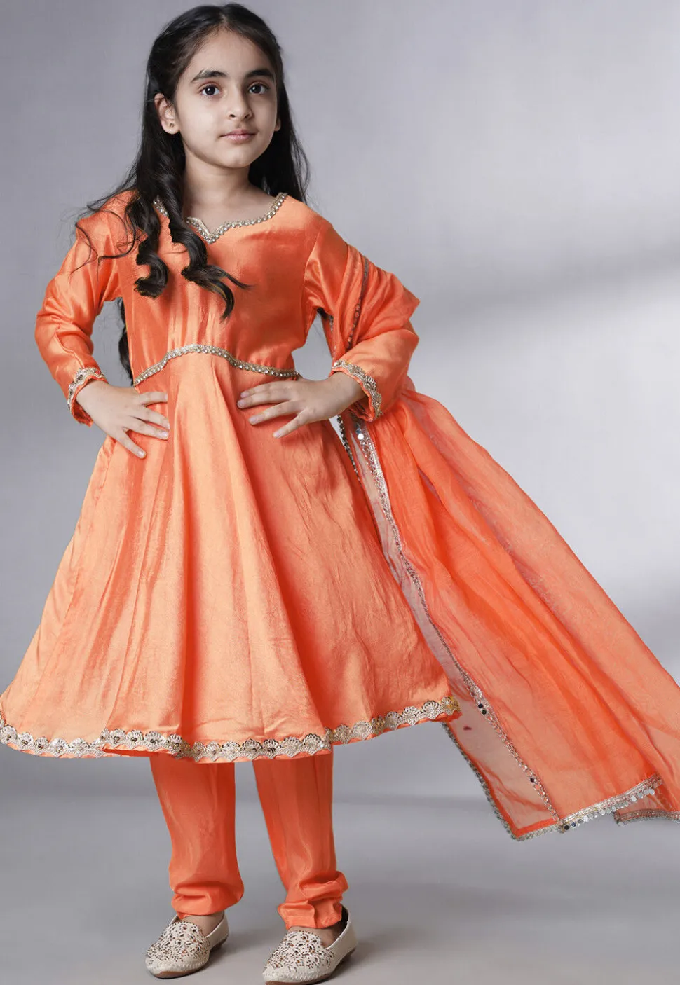 Embellished Cotton Silk A Line Suit in Peach