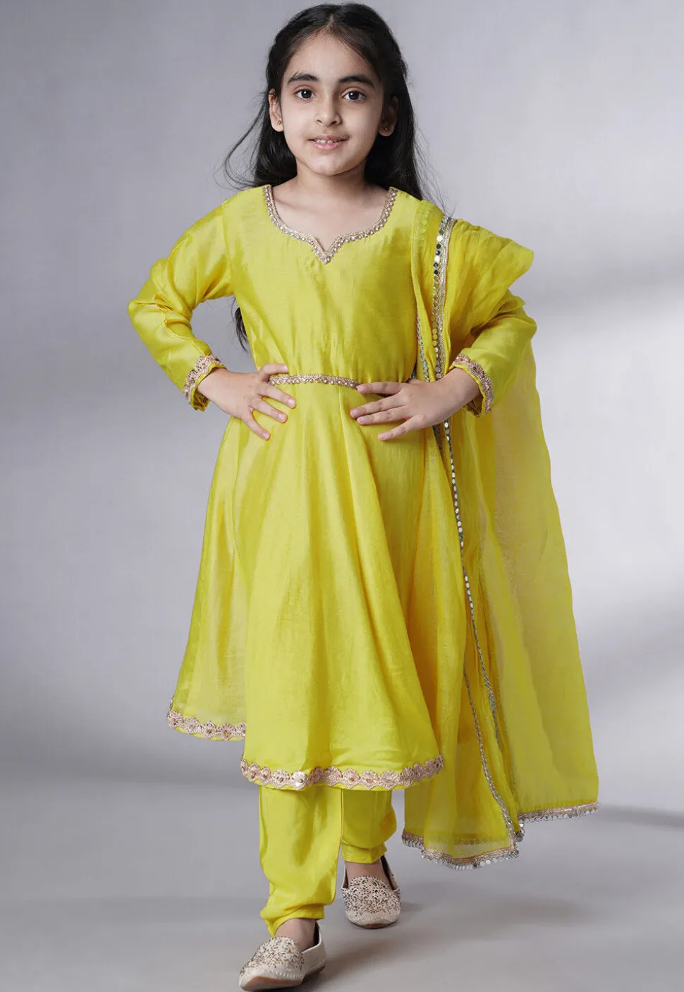 Embellished Cotton Silk A Line Suit in Olive Green