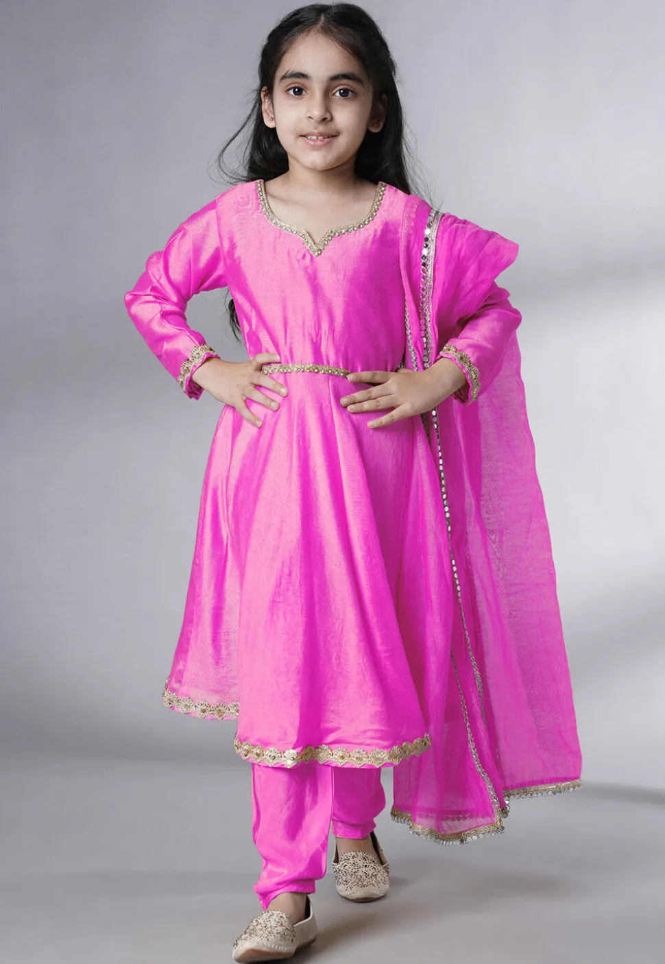 Embellished Cotton Silk A Line Suit in Pink