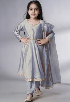 Embellished Cotton Silk A Line Suit in Grey