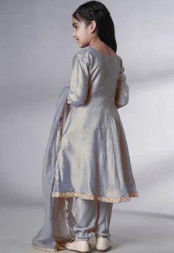 Embellished Cotton Silk A Line Suit in Grey