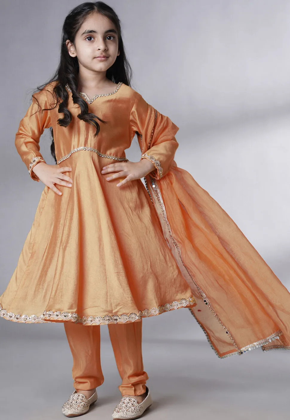 Embellished Cotton Silk A Line Suit in Dark Beige