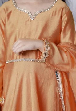 Embellished Cotton Silk A Line Suit in Dark Beige