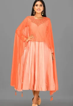 Embellished Cotton Silk Cape Style A Line Kurta in Peach