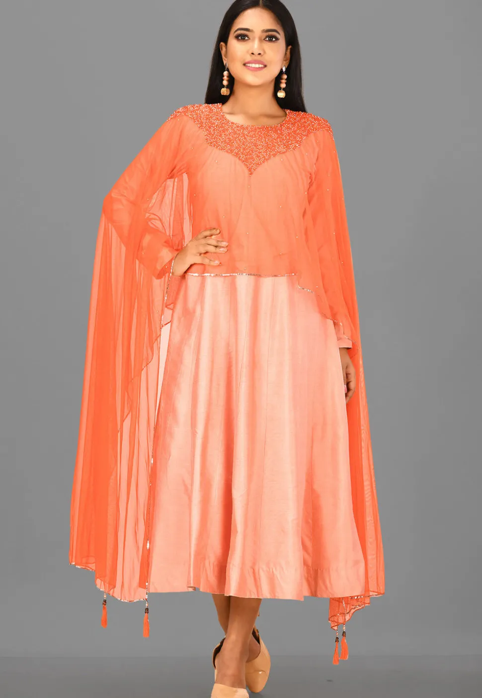 Embellished Cotton Silk Cape Style A Line Kurta in Peach