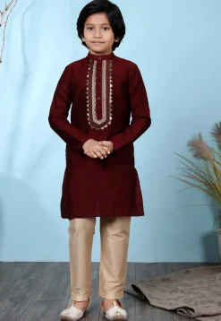 Embellished Cotton Silk Kurta Set in Maroon