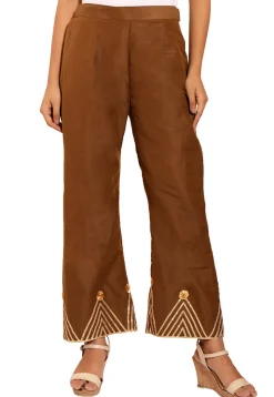Embellished Cotton Silk Palazzo in Brown