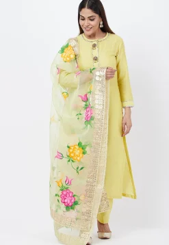 Embellished Cotton Silk Pakistani Suit in Yellow