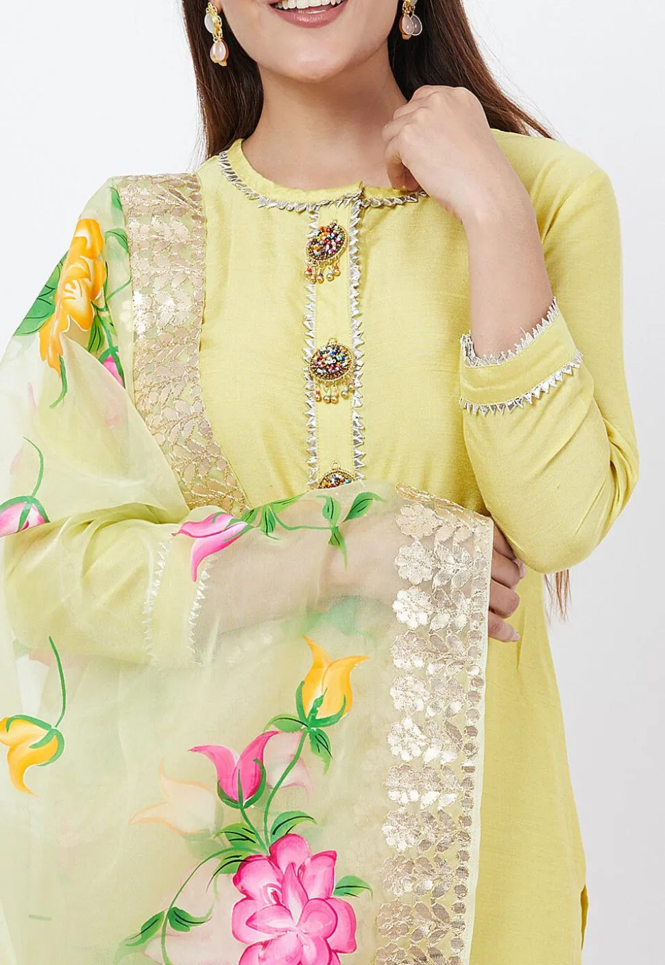 Embellished Cotton Silk Pakistani Suit in Yellow