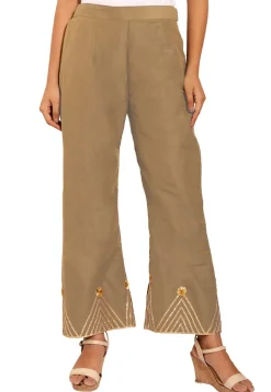 Embellished Cotton Silk Palazzo in Fawn