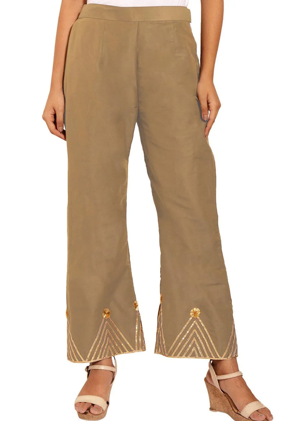 Embellished Cotton Silk Palazzo in Fawn