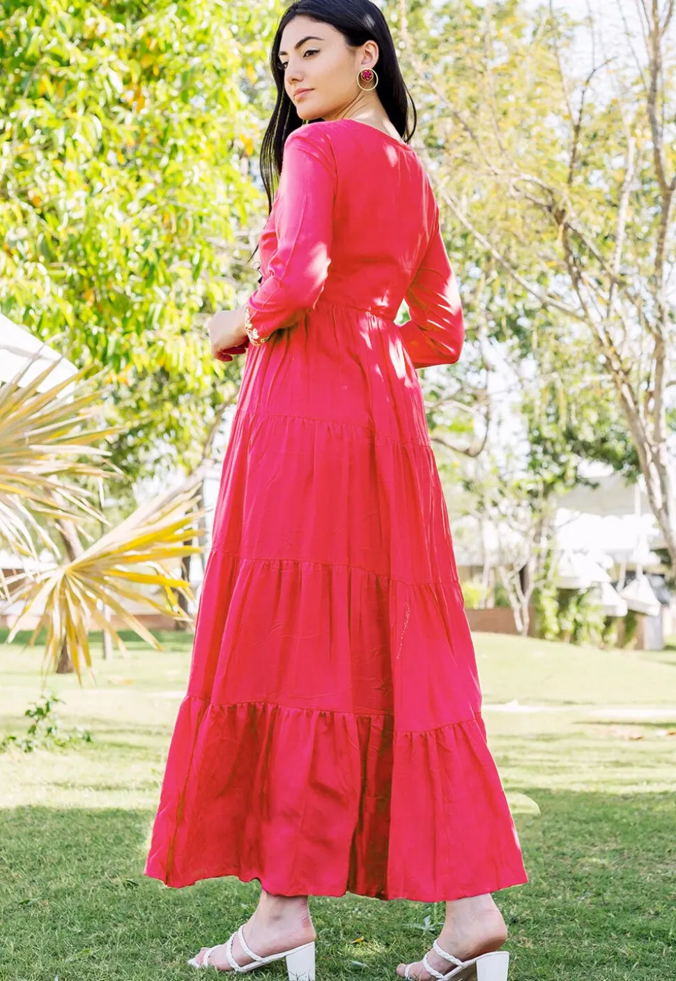 Embellished Cotton Tiered Dress in Fuchsia