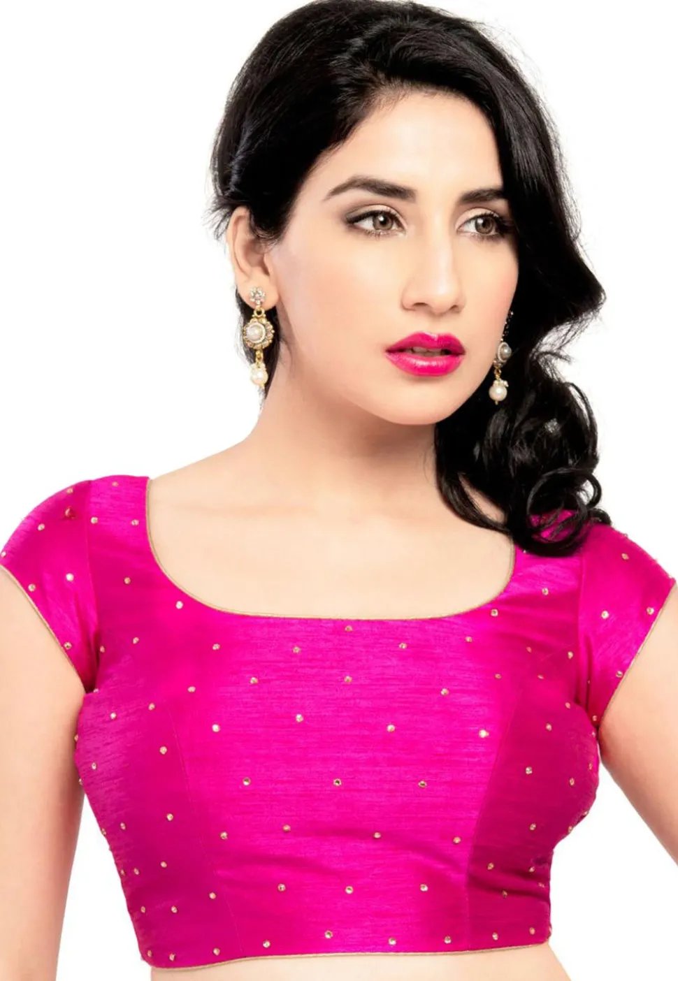 Embellished Dupion Silk Blouse in Fuchsia