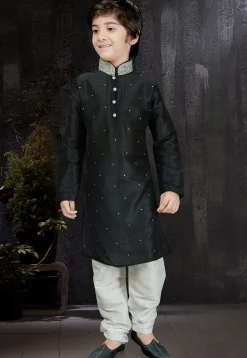 Embellished Dupion Silk Kurta Set in Black