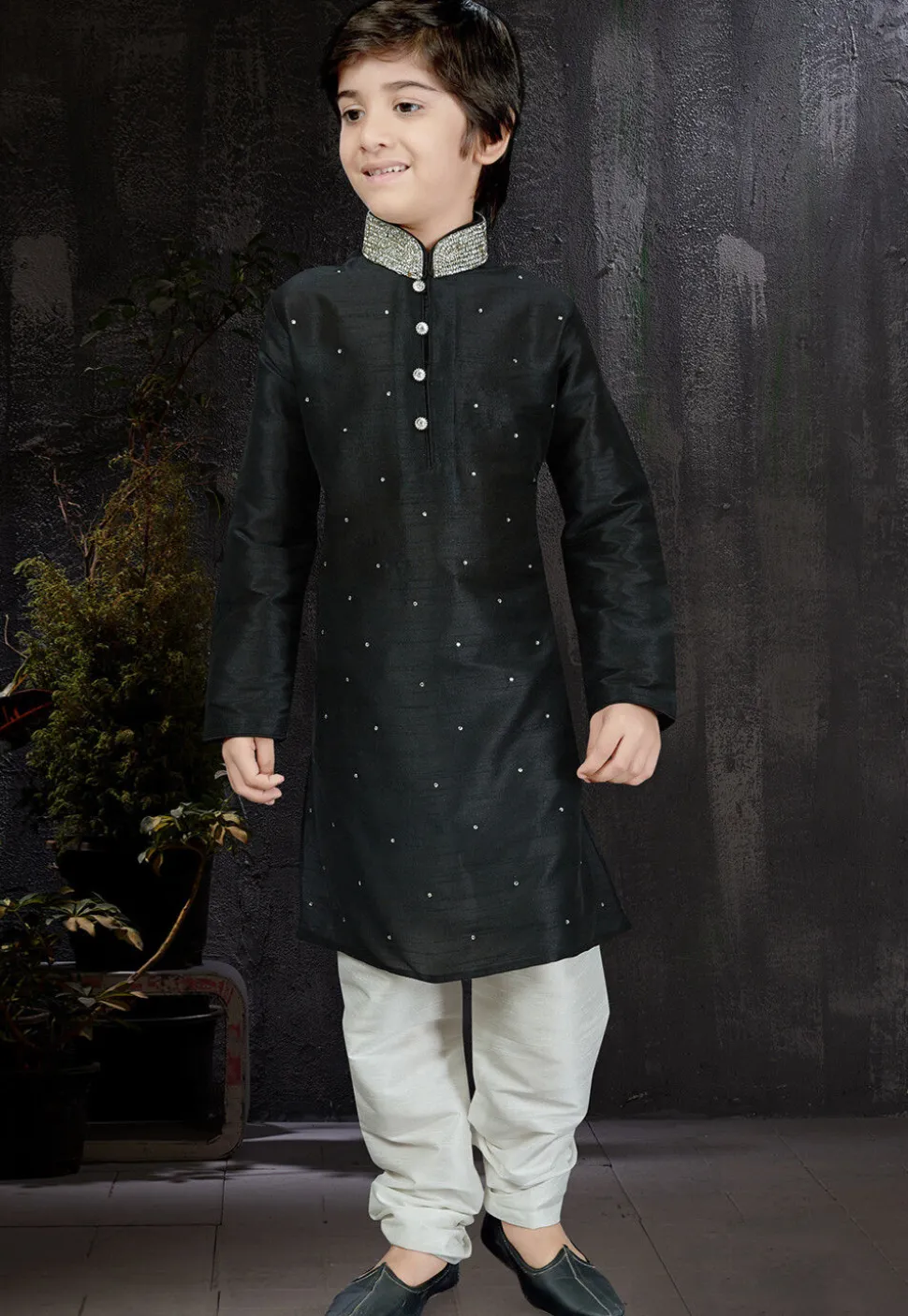 Embellished Dupion Silk Kurta Set in Black