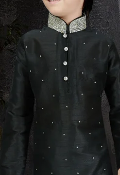 Embellished Dupion Silk Kurta Set in Black