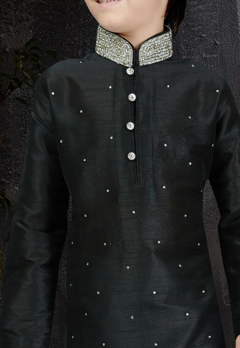 Embellished Dupion Silk Kurta Set in Black