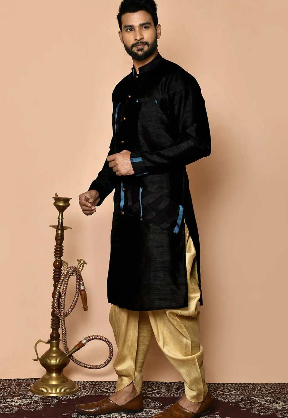Embellished Dupion Silk Kurta Dhoti Set in Black