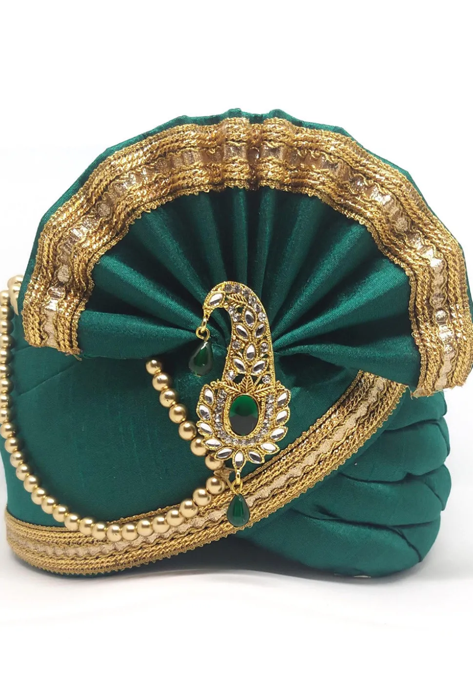 Embellished Dupion Silk Turban in Teal Green