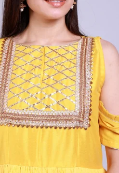 Embellished Georgette Abaya Style Suit in Yellow and Blue