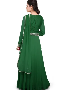 Embellished Georgette Long Gown in Dark Green