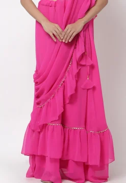 Embellished Georgette Ruffled Skirt with Attached Dupatta in Fuchsia