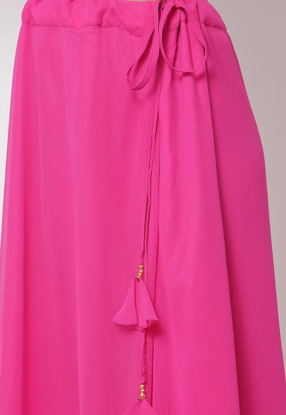 Embellished Georgette Ruffled Skirt with Attached Dupatta in Fuchsia