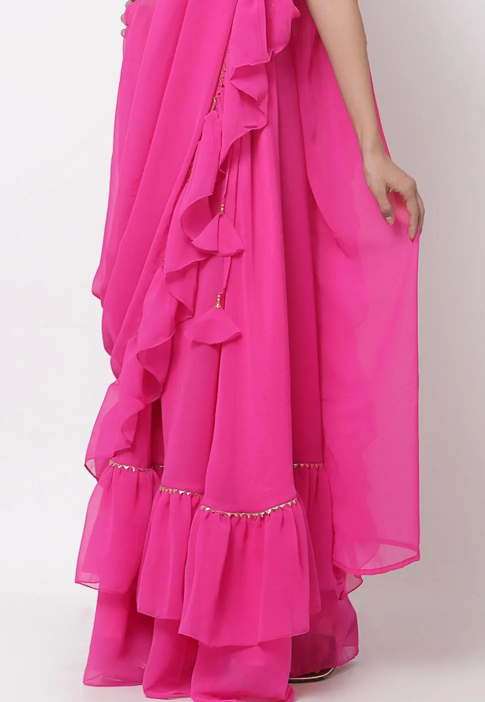 Embellished Georgette Ruffled Skirt with Attached Dupatta in Fuchsia