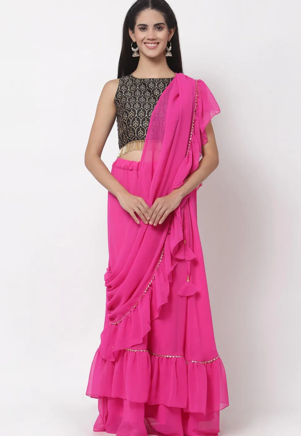 Embellished Georgette Ruffled Skirt with Attached Dupatta in Fuchsia