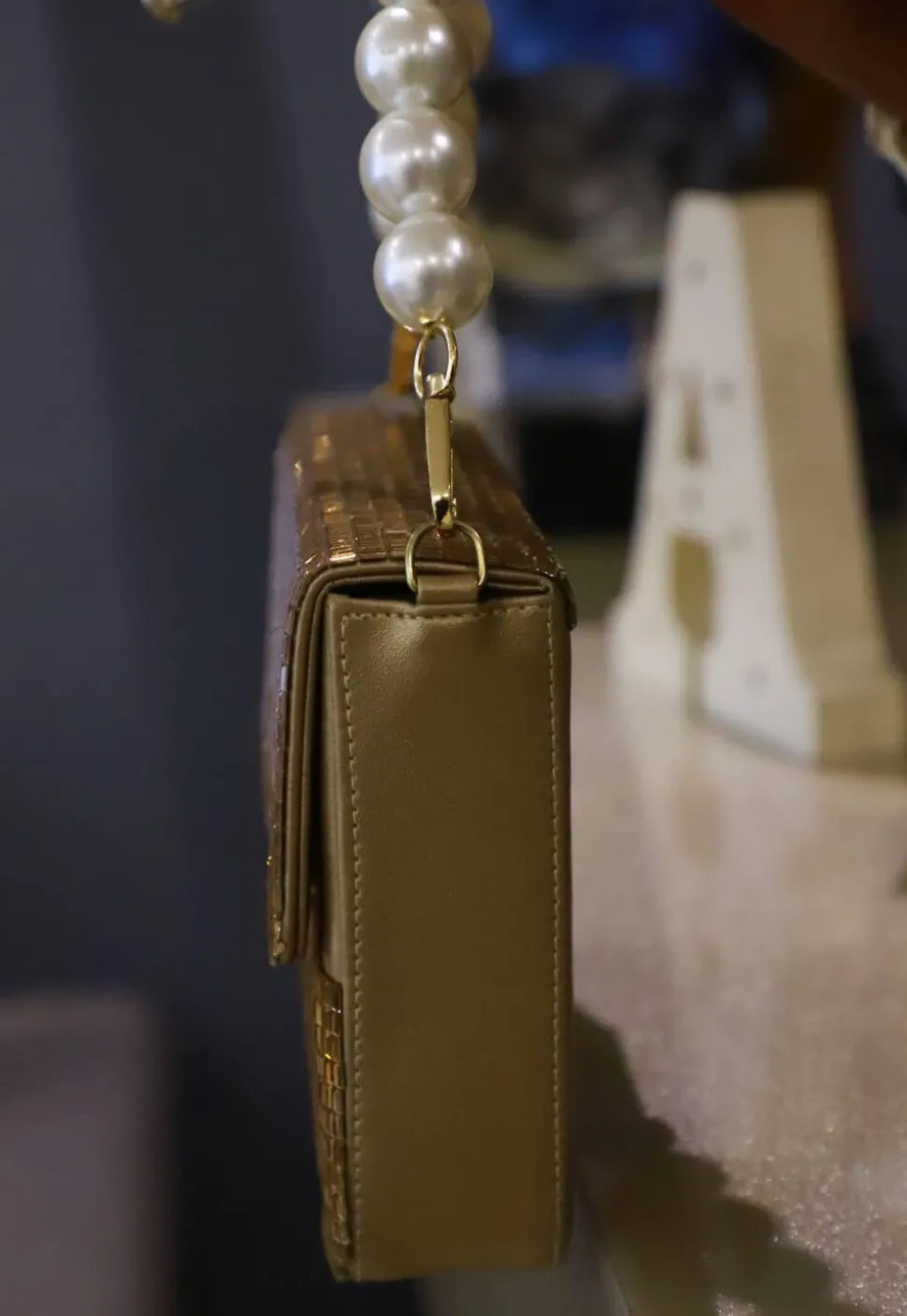 Embellished Leather Rectangular Clutch Bag in Copper