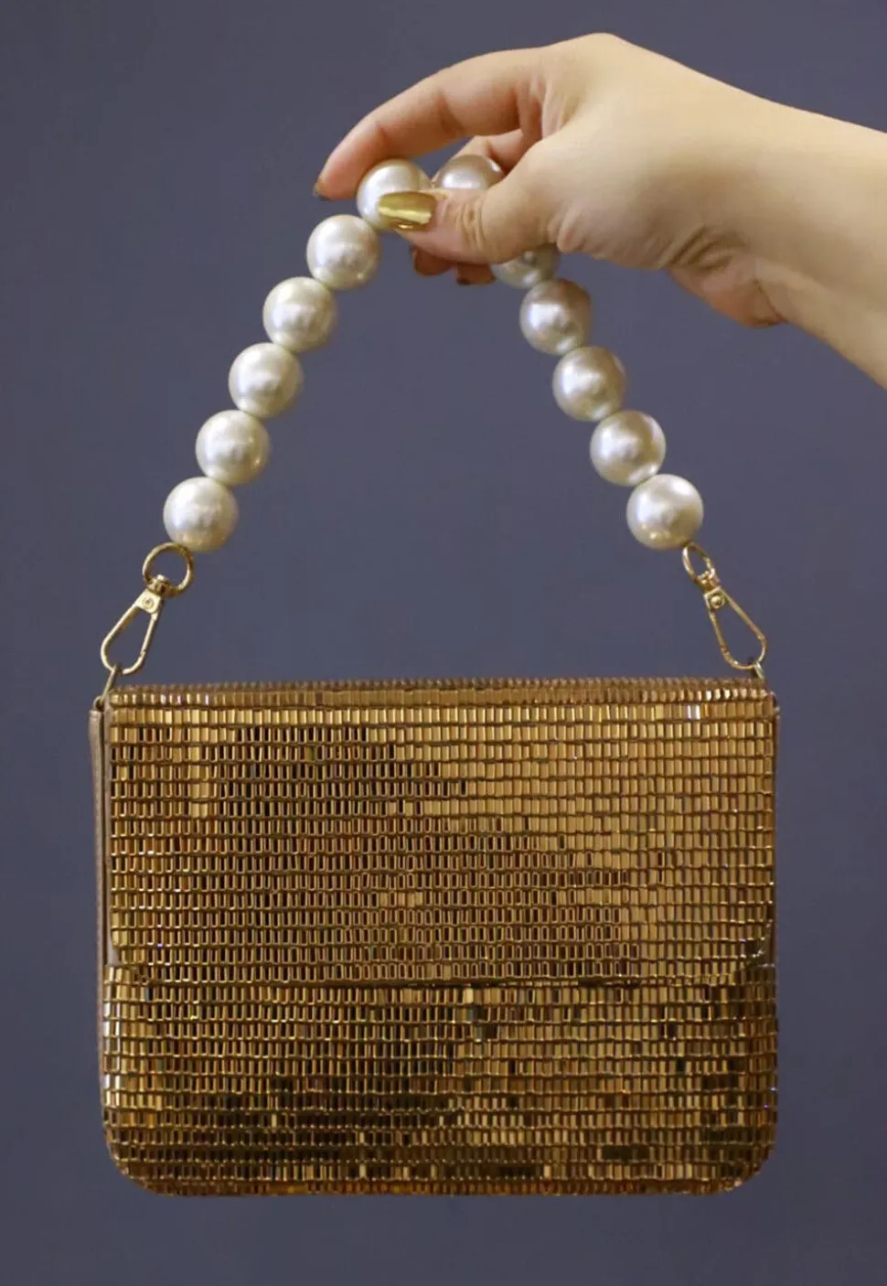 Embellished Leather Rectangular Clutch Bag in Copper