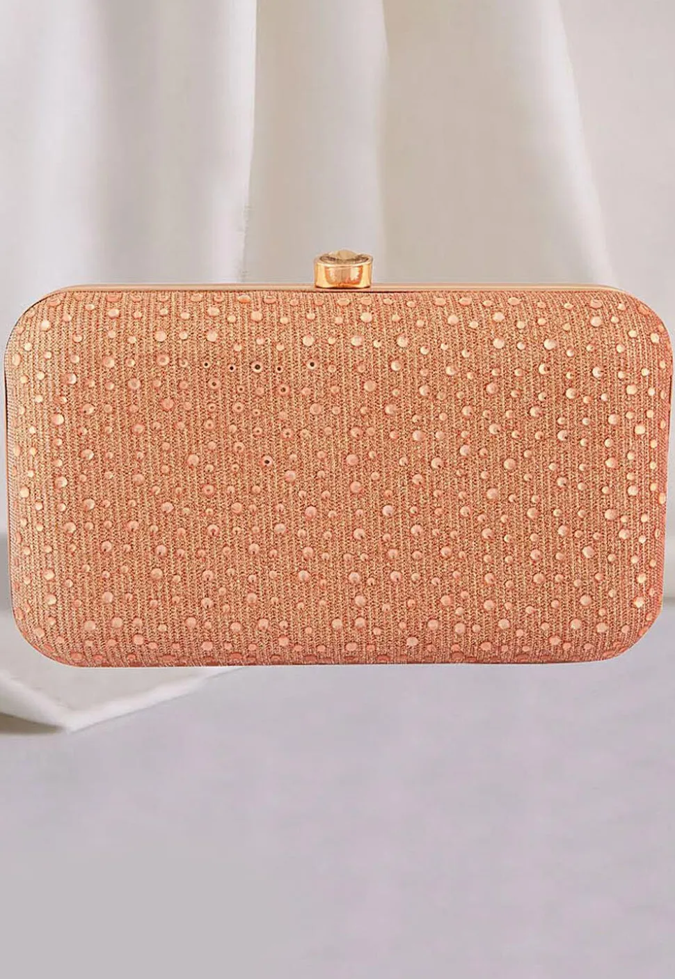 Embellished Lycra Net Rectangular Clutch Bag in Rose Gold