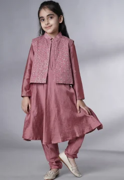 Embellished Muslin Silk A Line Suit in Old Rose