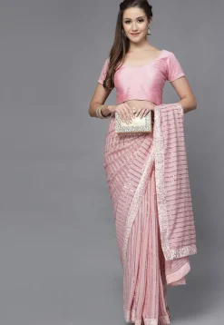 Embellished Neckline Art Silk Blouse in Dusty Pink