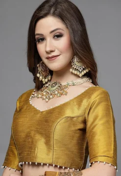 Embellished Neckline Art Silk Blouse in Mustard