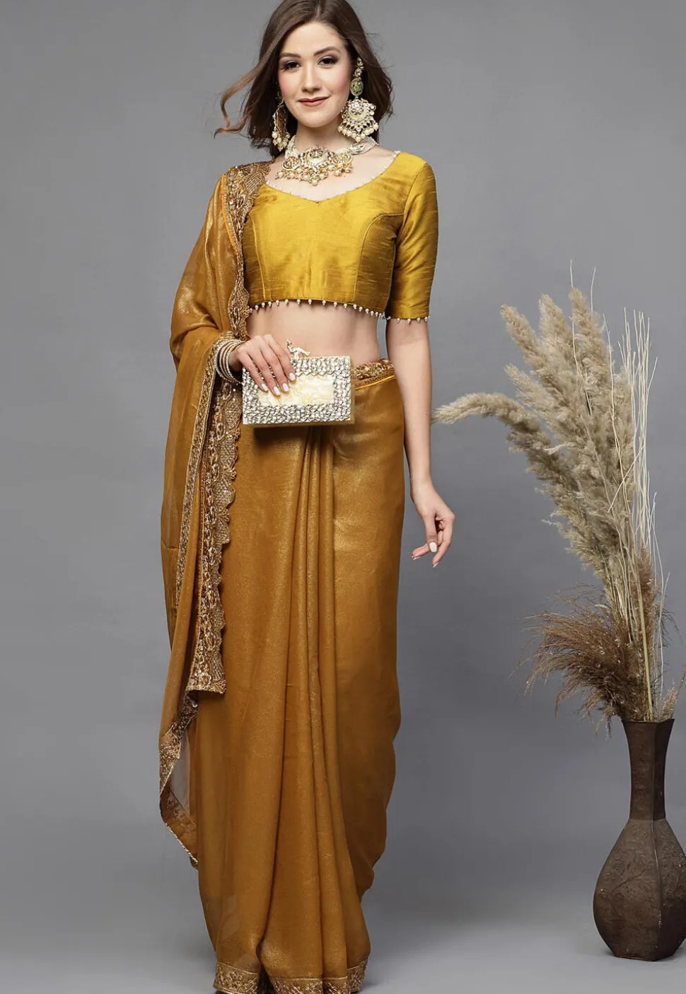 Embellished Neckline Art Silk Blouse in Mustard