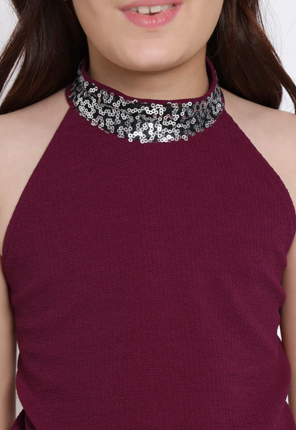 Embellished Neckline Georgette Lycra (Elastane) Crop Top in Wine