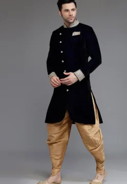 Embellished Neckline Velvet Sherwani in Navy Blue