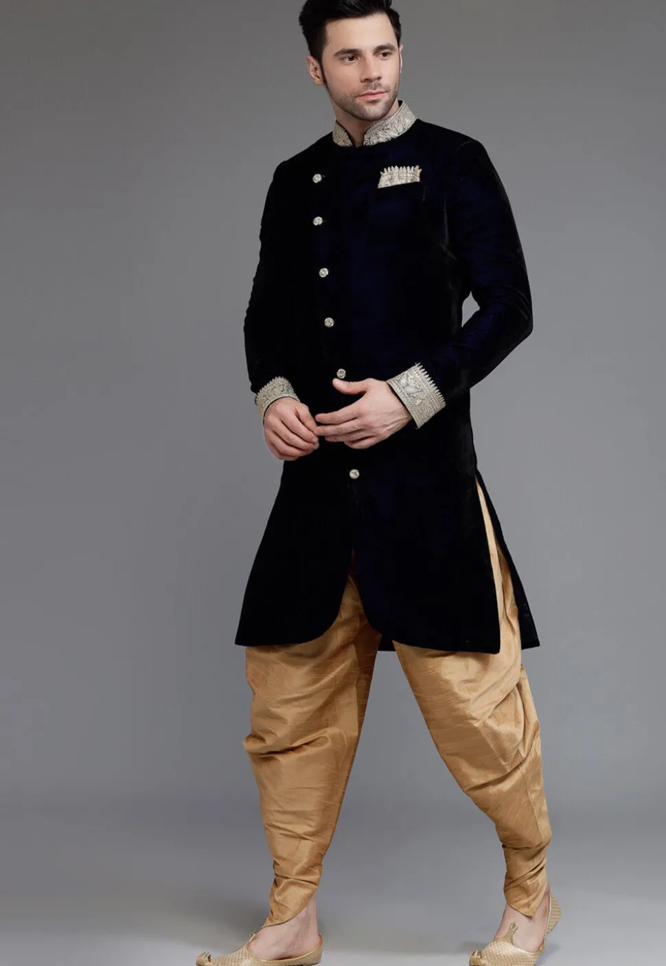Embellished Neckline Velvet Sherwani in Navy Blue
