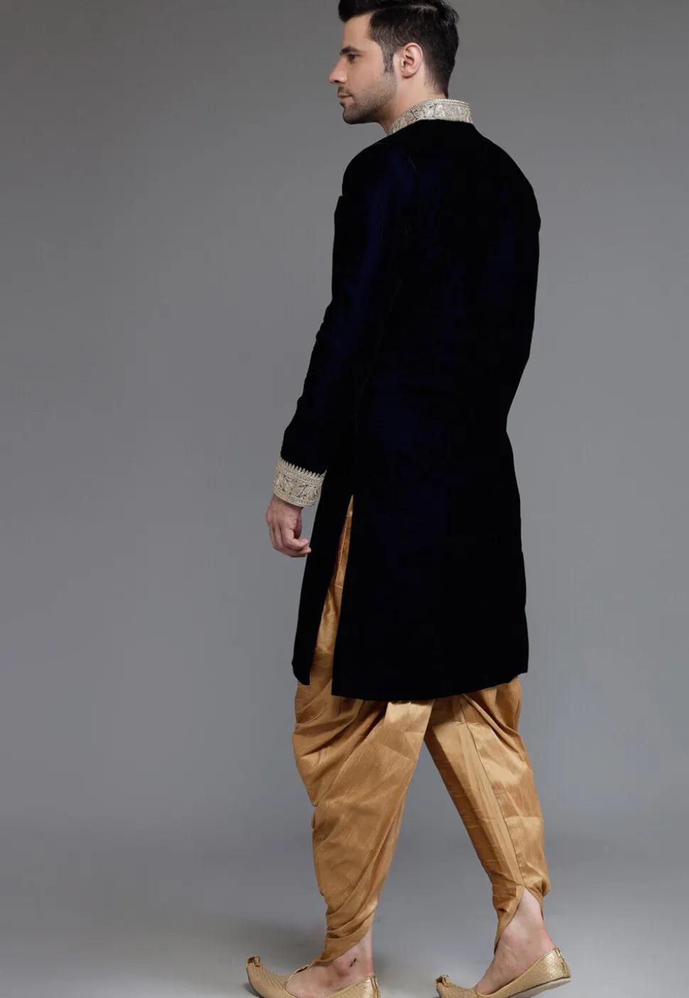 Embellished Neckline Velvet Sherwani in Navy Blue