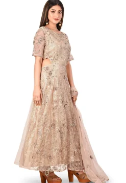 Embellished Net Abaya Style Suit in Light Peach