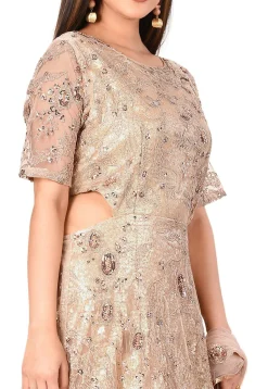 Embellished Net Abaya Style Suit in Light Peach
