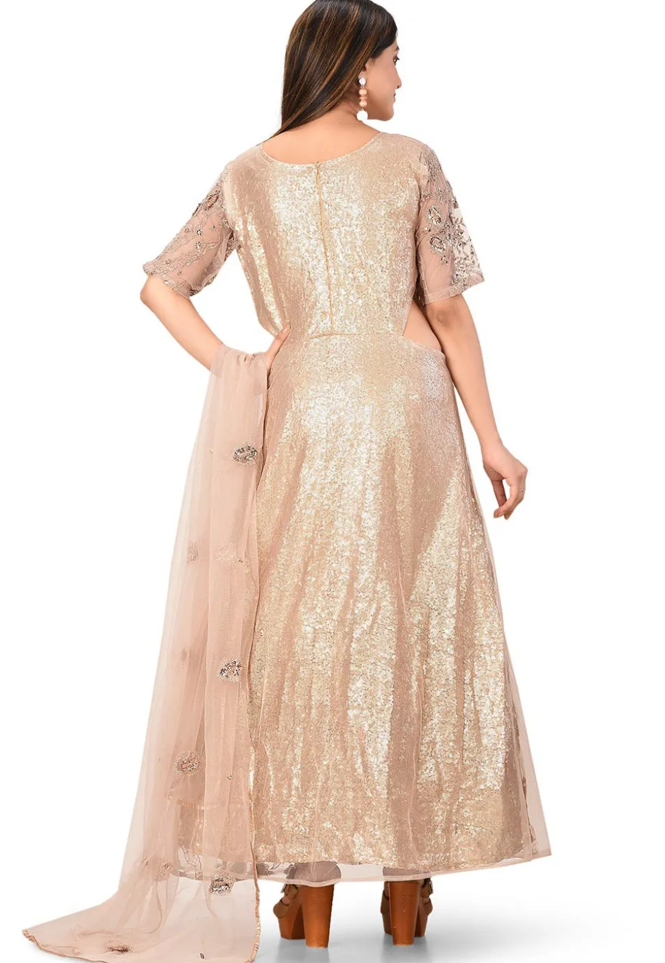 Embellished Net Abaya Style Suit in Light Peach