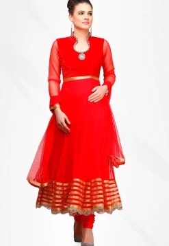 Embellished Net Anarkali Suit in Red