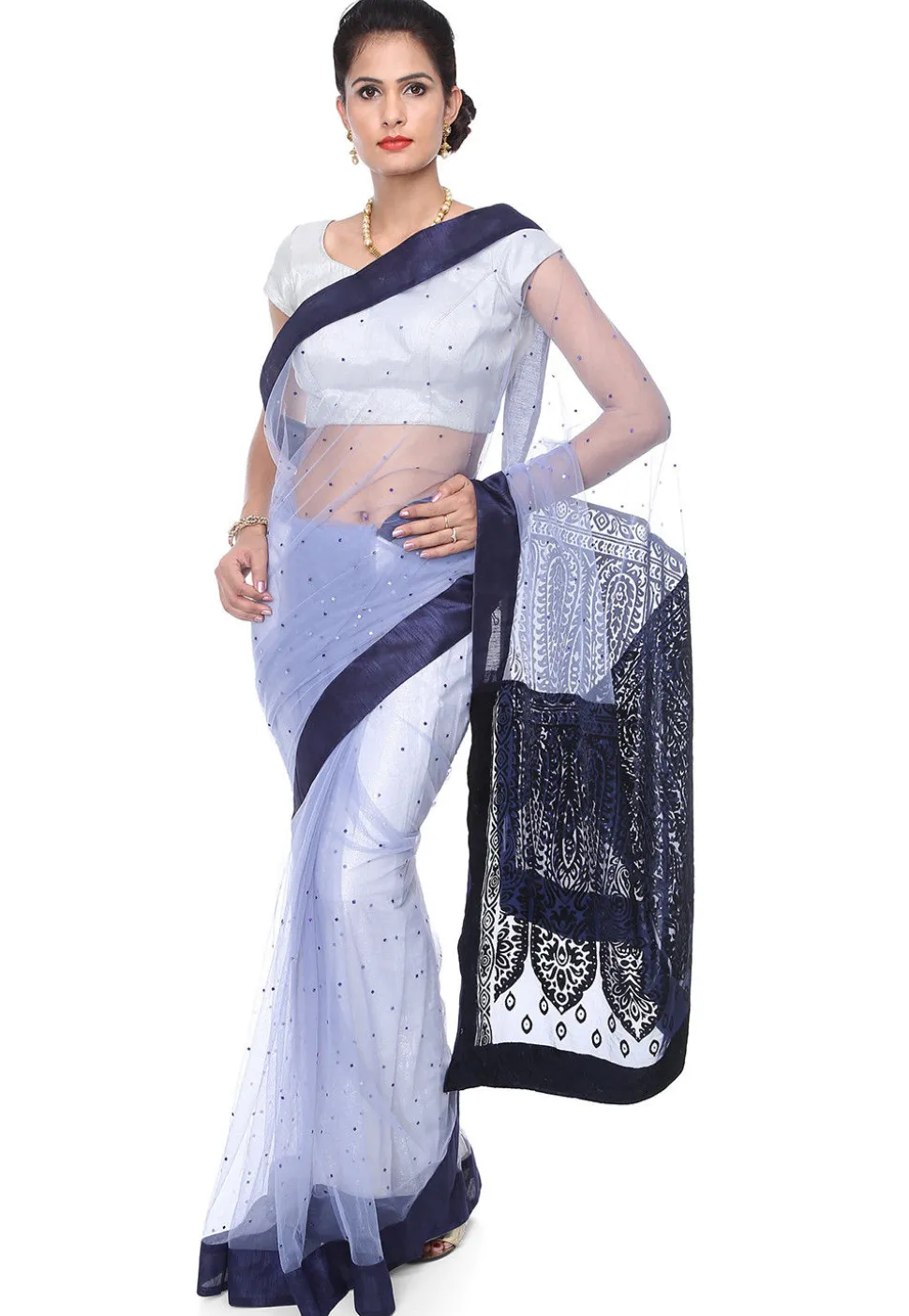Embellished Net Brasso Saree in Light Grey