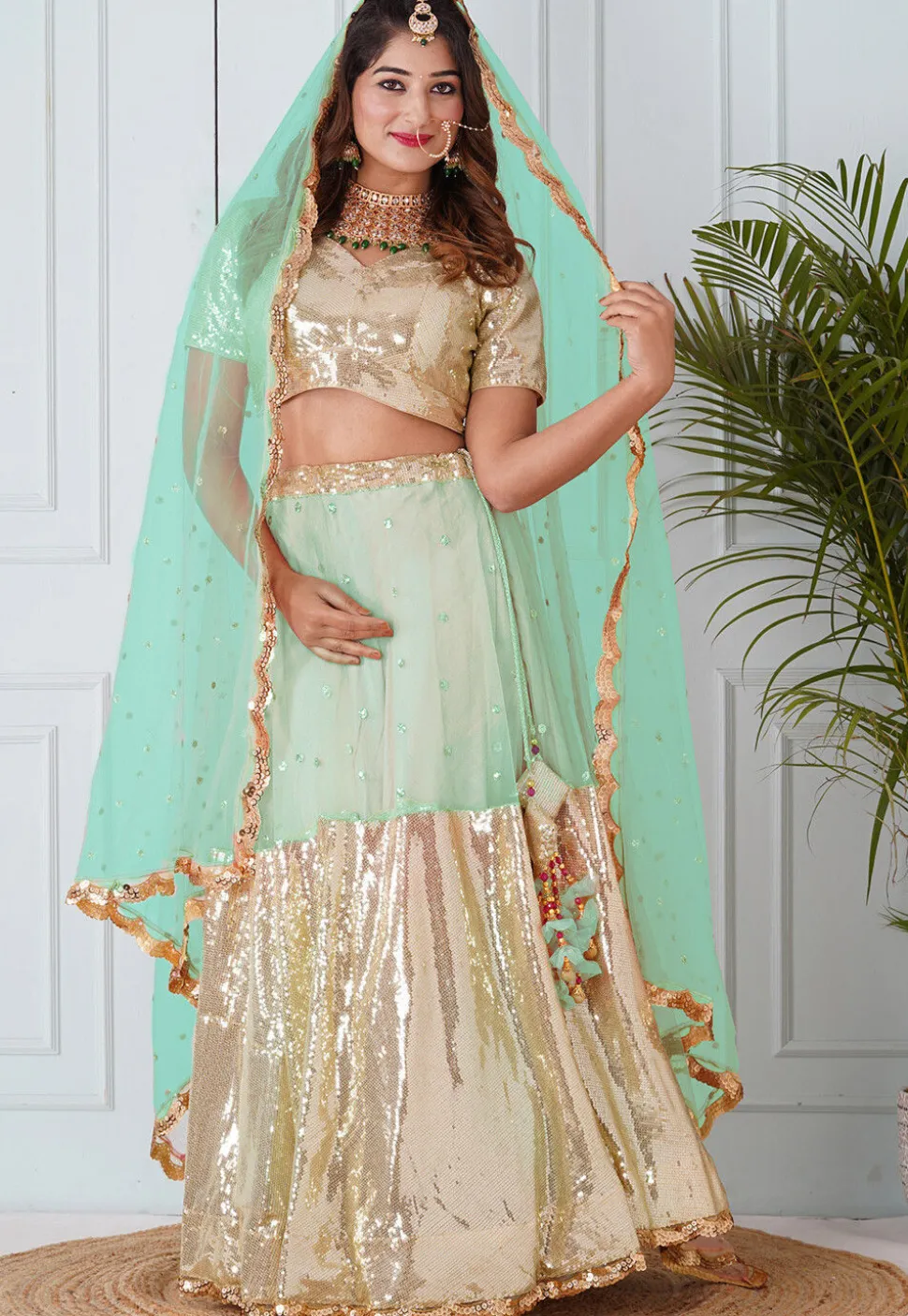 Embellished Net Dupatta in Pastel Green