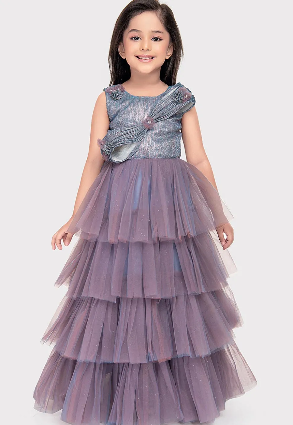 Embellished Net Gown in Dusty Blue and Purple