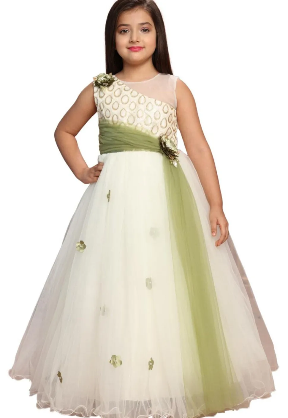 Embellished Net Gown in Off White and Green