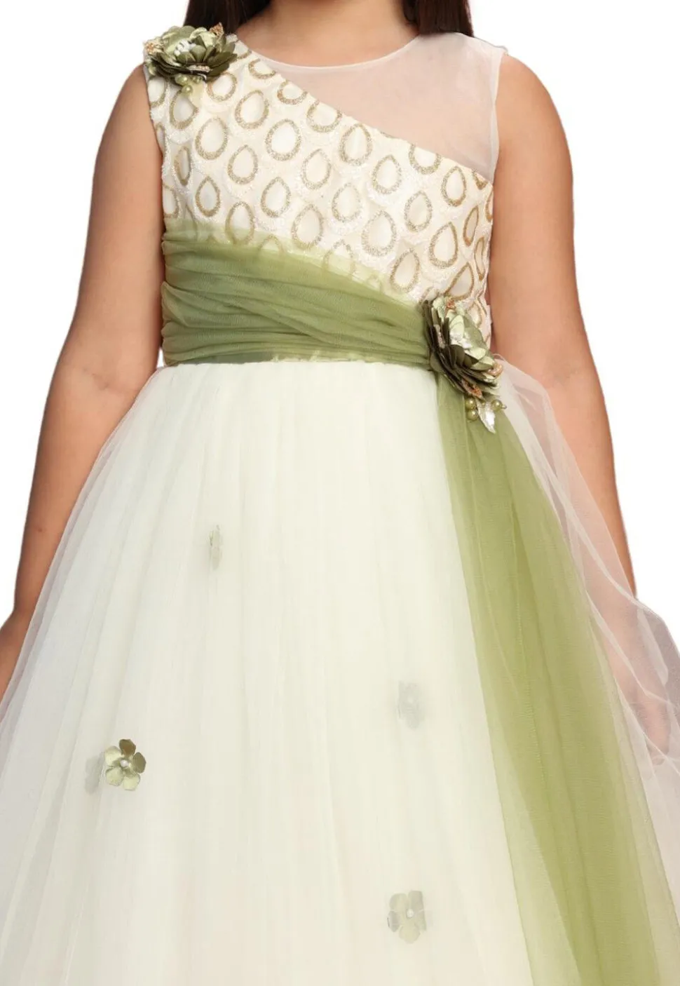 Embellished Net Gown in Off White and Green