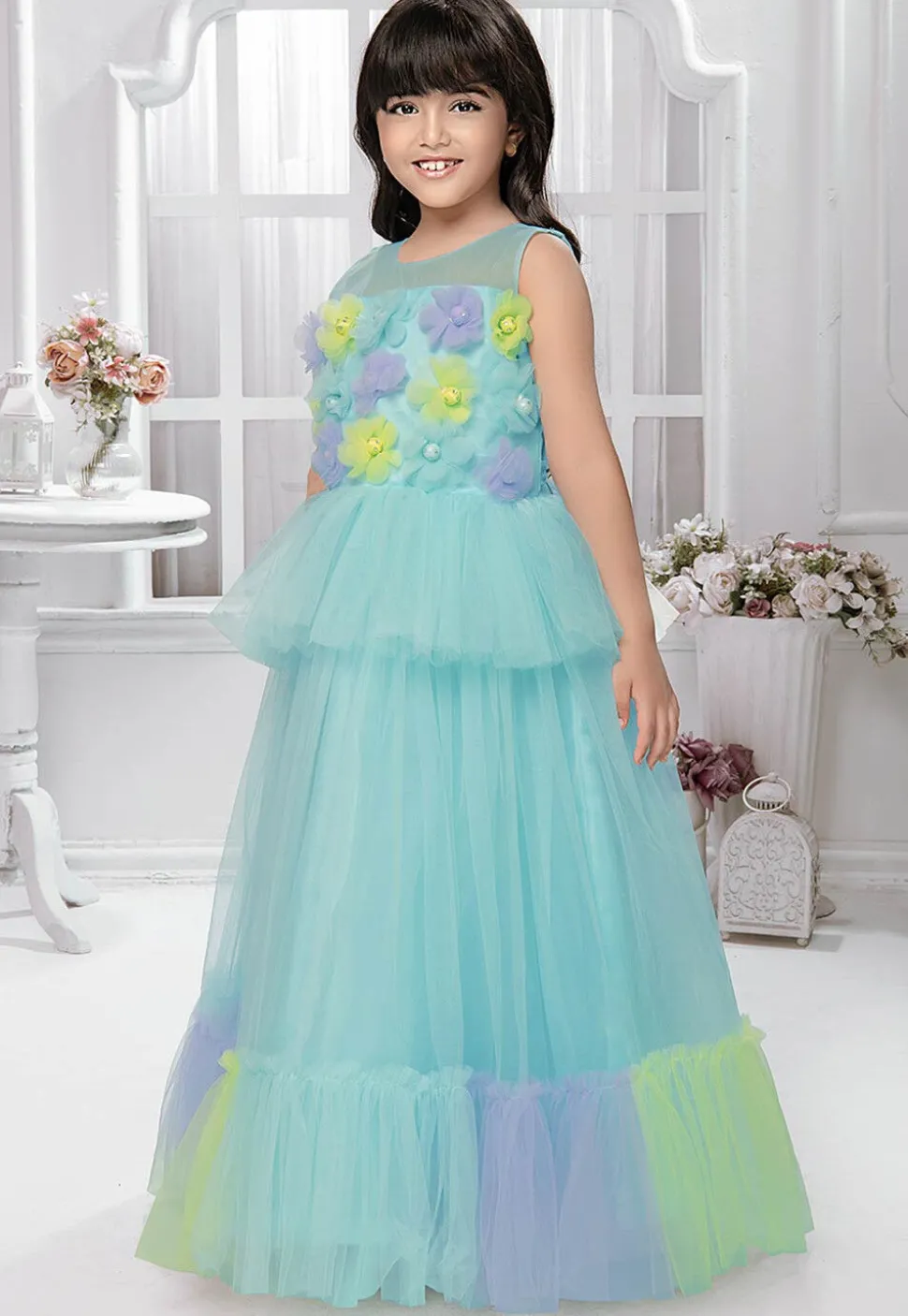 Embellished Net Gown in Sky Blue